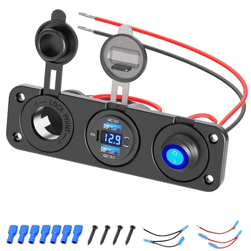 لوحة مفاتيح 3 عصابة مع شاحن USB مزدوج وخزانة سجائر، محور التحكم في الطاقة للدراجات النارية والسيارة #5