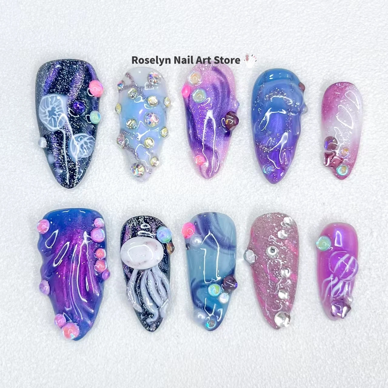 New 10 Piece Handmade Polish Fake Nail Purple Pearl Inlay Cute 3D Flower Nail Pressing Design, with Adhesive Nail File Set