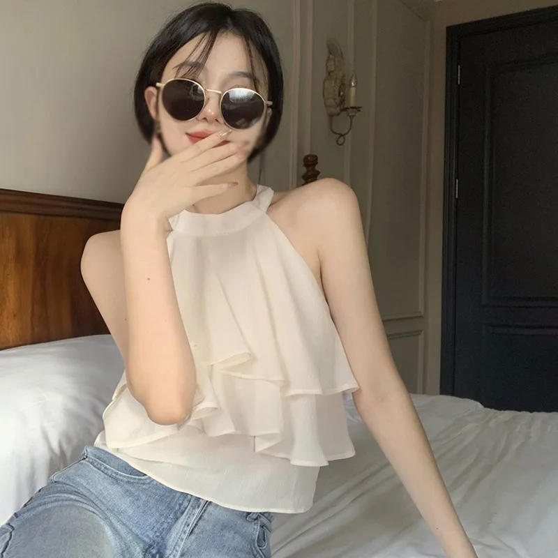 Women Holiday Chiffon Cake Shirt Summer Sleeveless  Strap Tank Top  Female Halter Neck Fashion Versatile Top