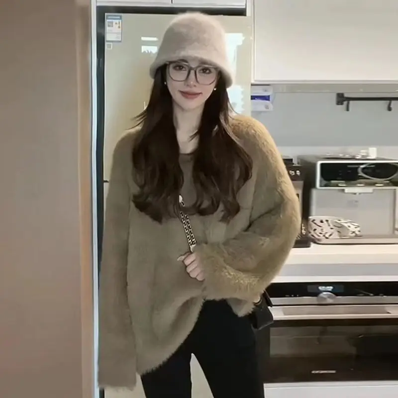 

Women Autumn Winter Korean Loose Solid Color V-neck Waterproof Mink Women Clothes Simplicity Office Lady Loose Pullovers Sweater