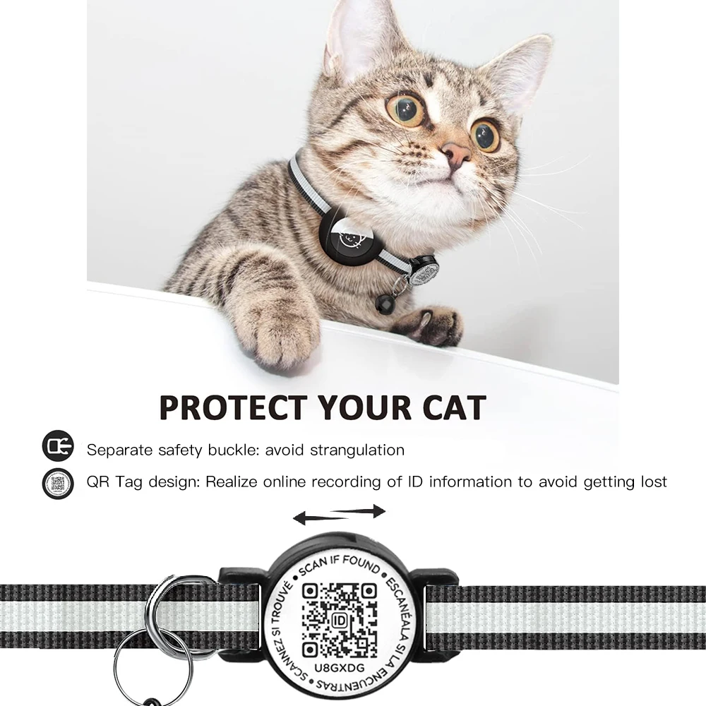 GPS Tracker Cat Collar with QR Name Tag & AirTag Holder, 2 IN 1 Protection Reflective Kitten Collar for Cats Airtag Case gatos