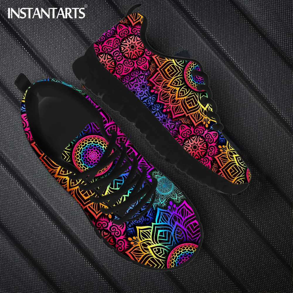 Gradient Mandala Flower Print Lace-up Flat Shoes Lightweight Running Sneakers Breathable Round Toe Walking Tennis Zapatos 2023