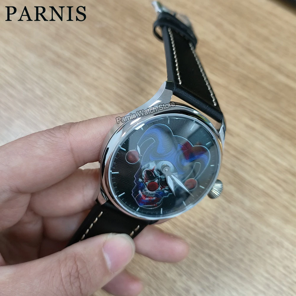 Parnis 44mm Hand Winding Mens Classic Ghost Face Dial Wrist Watch Customization Acceptable