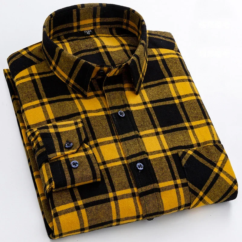 Mens 100% Cotton Washed Brushed Plaid Long Sleeve Shirts Single Pocket Comfortable Casual Fashion Slim Fit Button Down Shirts