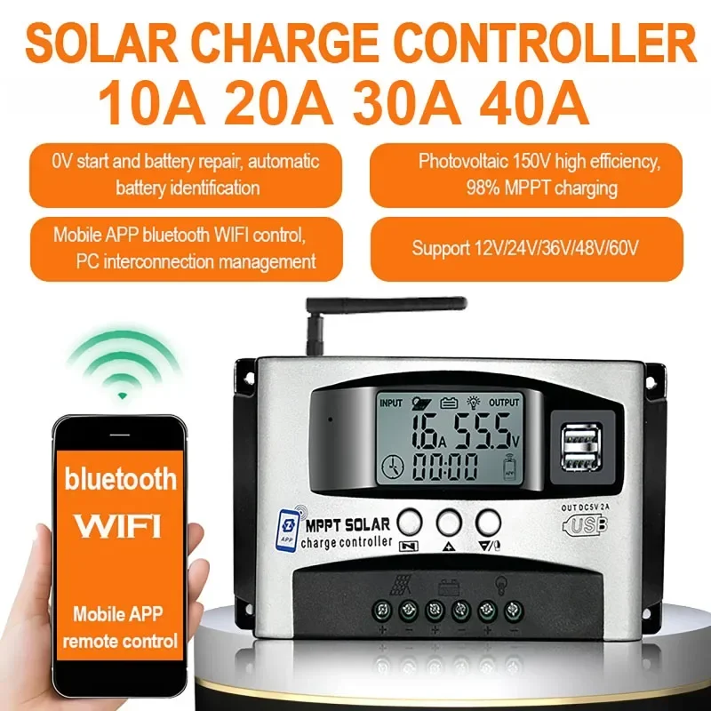 10A 20A 30A 40A Step-down MPPT Solar Controller 12V/24V/36V/48V/60V Dual USB Bluetooth Wifi APP Remote Photovoltaic Controller