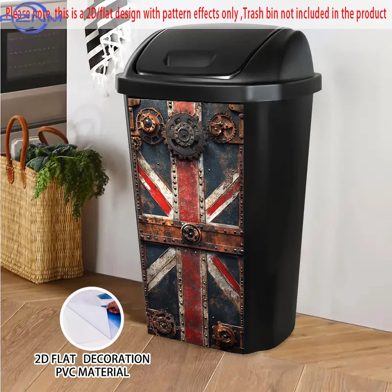 of 2D/Flat, Self-Adhesive Stickers for Dustbins, Measuring 14.57 by 32.28 Inches. Features a Steampunk-Inspired Union Jack Des