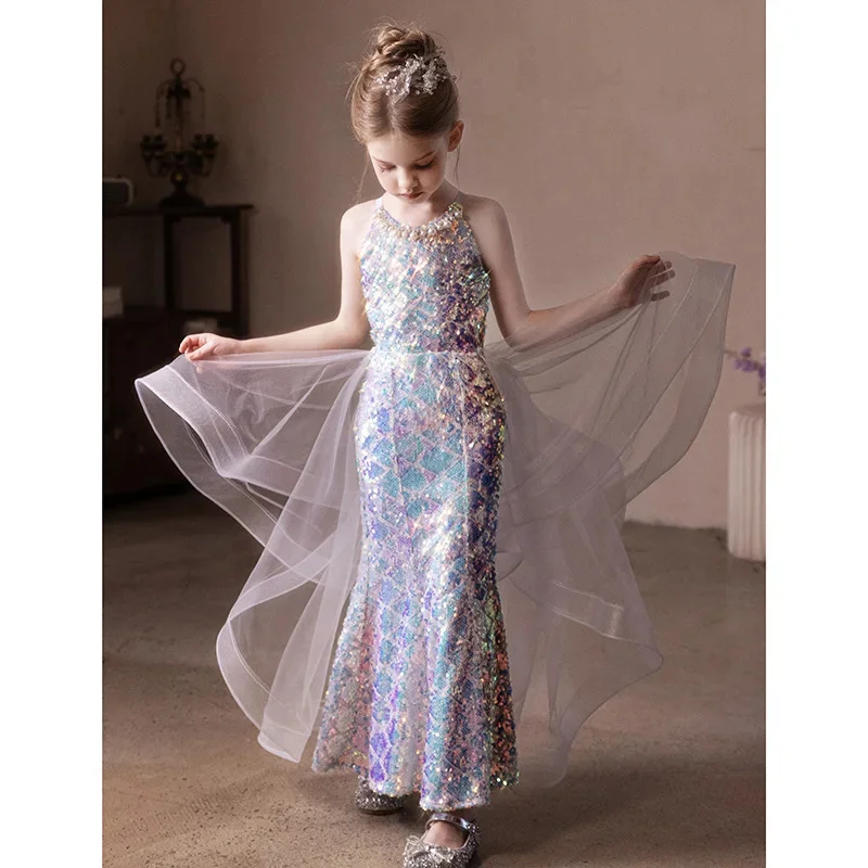 

Shiny Flower Girls Dresses For Wedding Sleeveless Sequin Mermaid Tail Kids Birthday Party First Communion Gown Custom