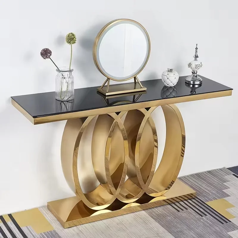

Italian Living Room Commercial Furniture Slimline Long Slim Black and Gold Marble Stone Top Console Table with Mirror Europeanpr