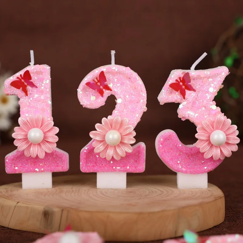 Pailletten rosa Blume Schmetterling digitale Geburtstagskerze Kuchen Party Dekoration Jahr handgemachte Kerze