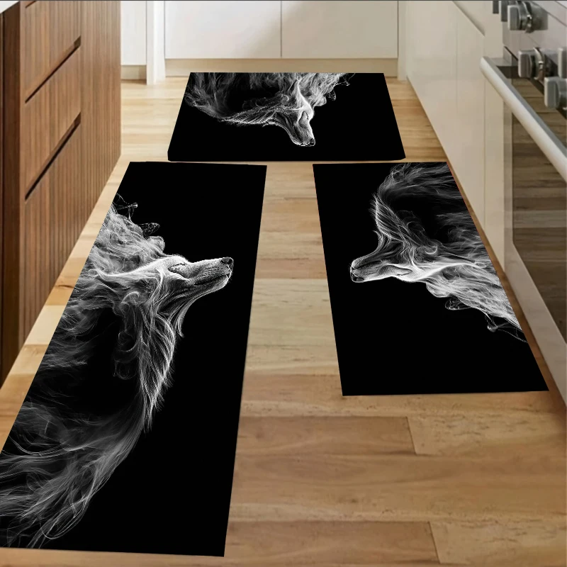 3PC Smoky Wolf Art Kitchen Mat Non Slip Soft Floor Rug for Modern Home Decort Outdoor Entrance Floors Door Mats  Laundry Rooms