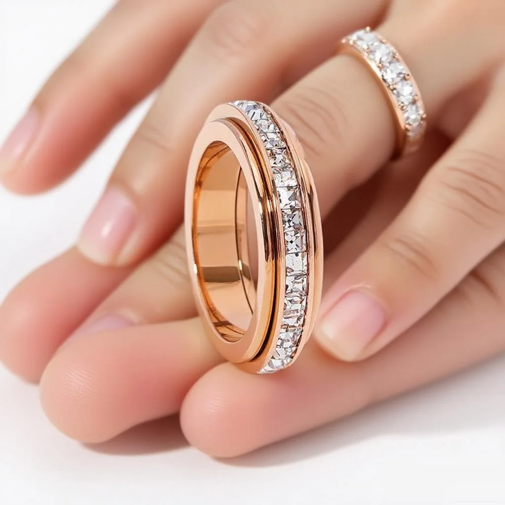 Anxiety Relief Spinning Rings Stainless Steel Zircon Inlaid Rotary Finger Ring Fashion Jewelry Wedding Band for Men and Women