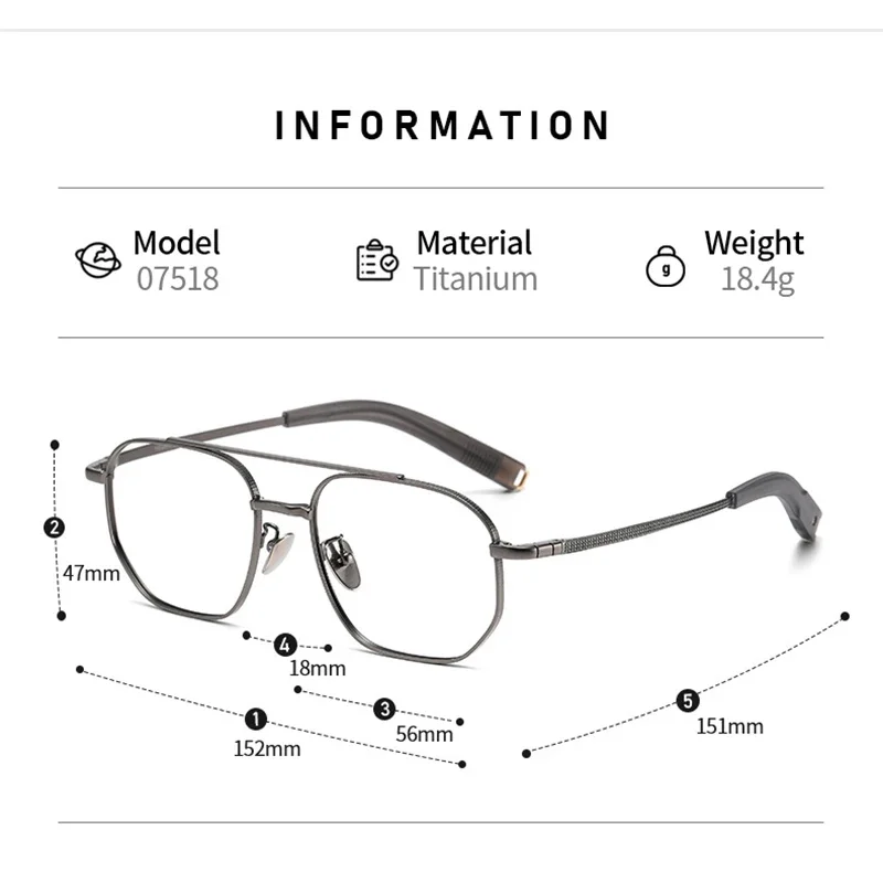 إطارات تيتانيوم عصرية للرجال مقاس كبير، أنيقة، جسر مزدوج، كاجوال، مريح، نظارات طبية بصرية للرجال 07518
