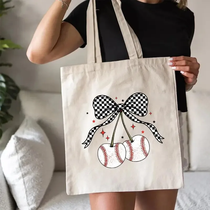 Canvas Tote Bag With Cherry Bow Design Have A Good Day Casual Fashion Handbag Machine Washable Durable Canvas Material Printing