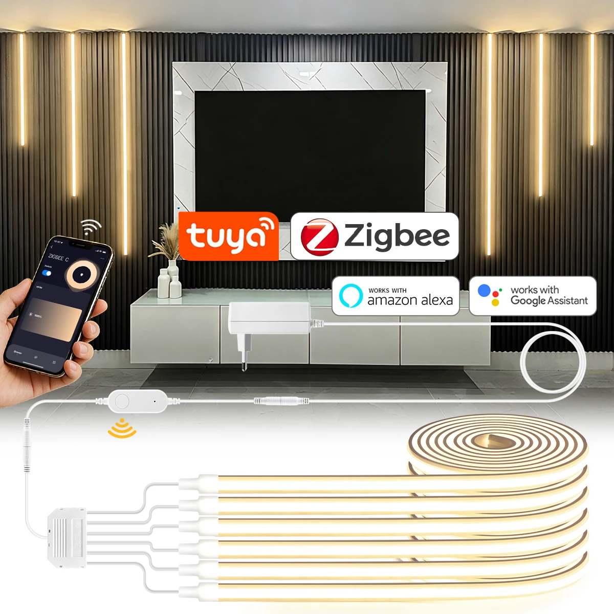 zigbee-tuya-neon-lights-cob-led-strip-24v-real-silicone-dimmable-diy-closet-wardrobe-acoustic-panel-tv-background-wall-decor