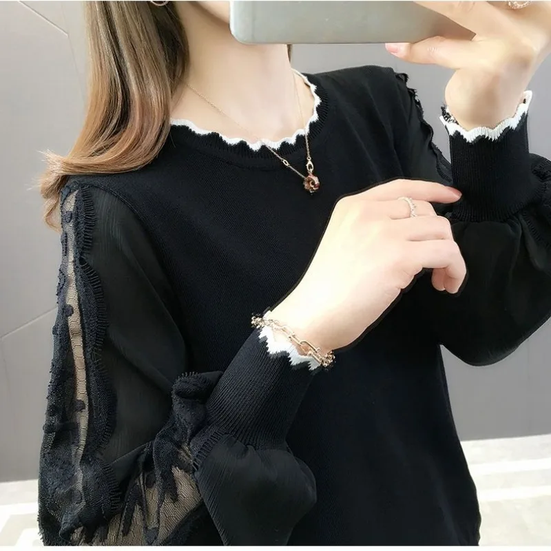 Autumn and Winter Women's Pullover Round Neck Solid Wave Cut Mesh Embroidery Lantern Long Sleeve Sweater Knit Casual Tee Tops