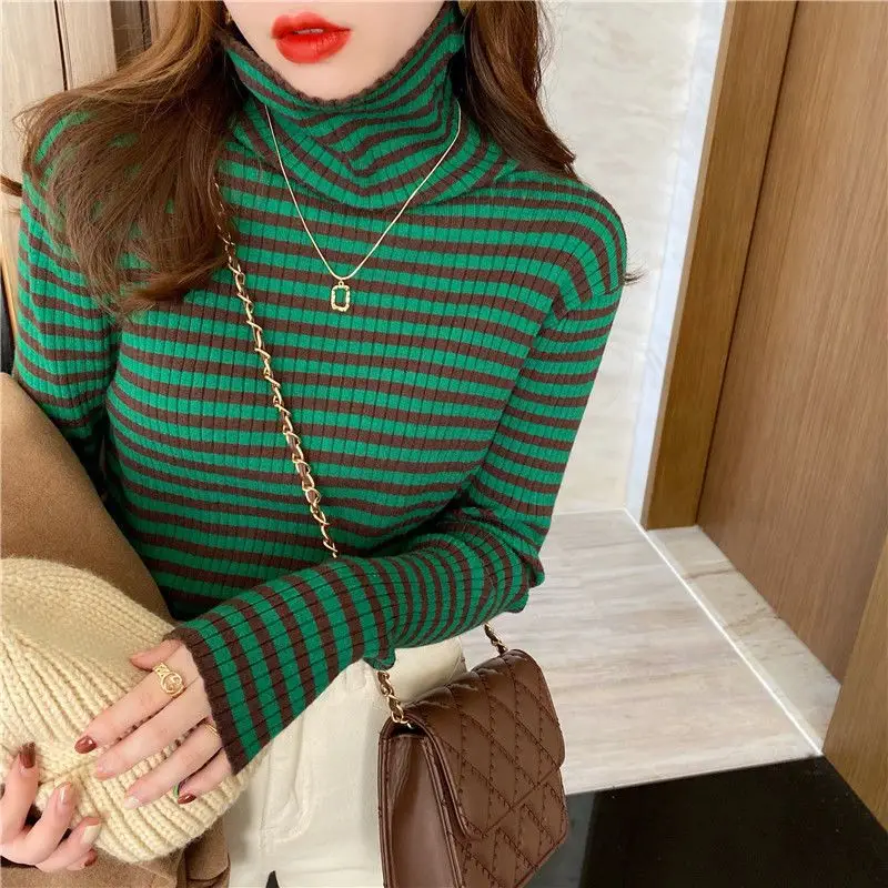 Women\'s Clothing Autumn Winter Striped Contrast Color Pullover Sweater Turtleneck Knitted Long Sleeve Elegant Casual Tops