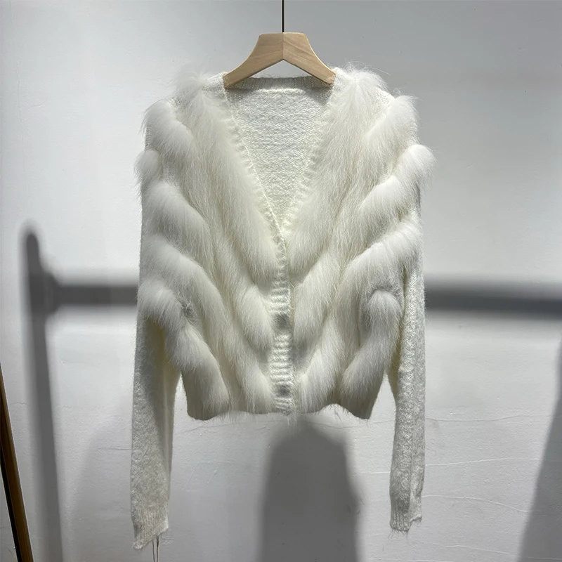 2025 weibliche Kamel Natürliche Fuchs Pelz Außerhalb Dekoration Mädchen Herbst Weiß Pullover Gestrickte Langarm Mantel
