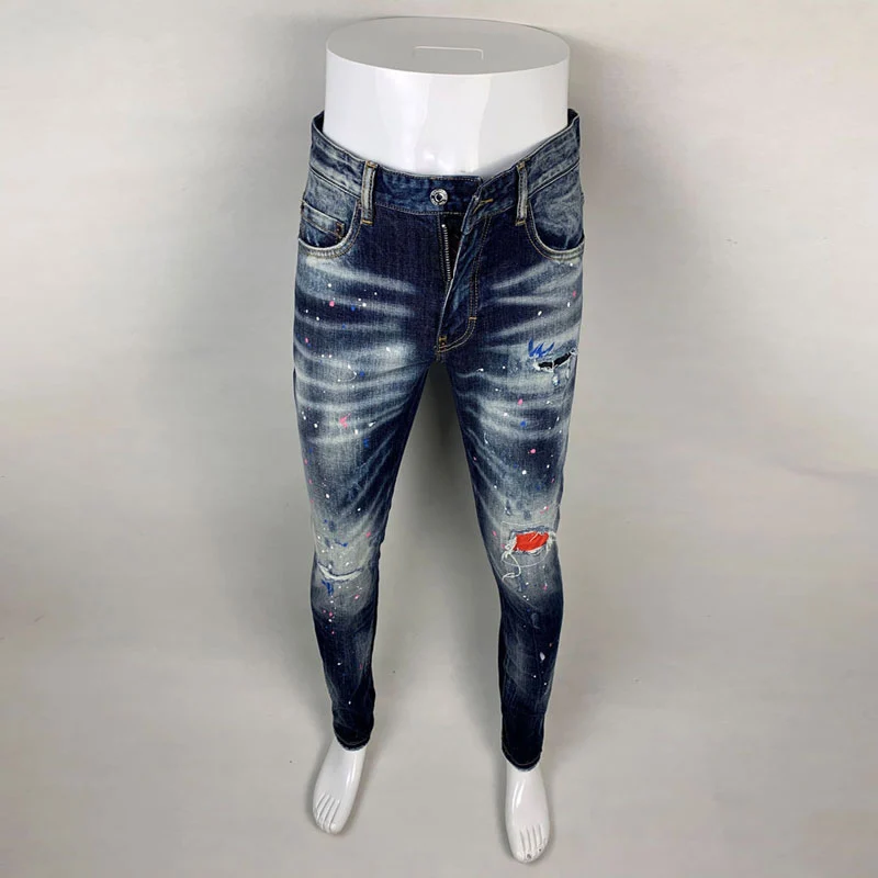 

Fashion Streetwear Men Jeans Retro Blue Stretch Slim Fit Painted Ripped Jeans Men Patched Designer Hip Hop Brand Pants Hombre