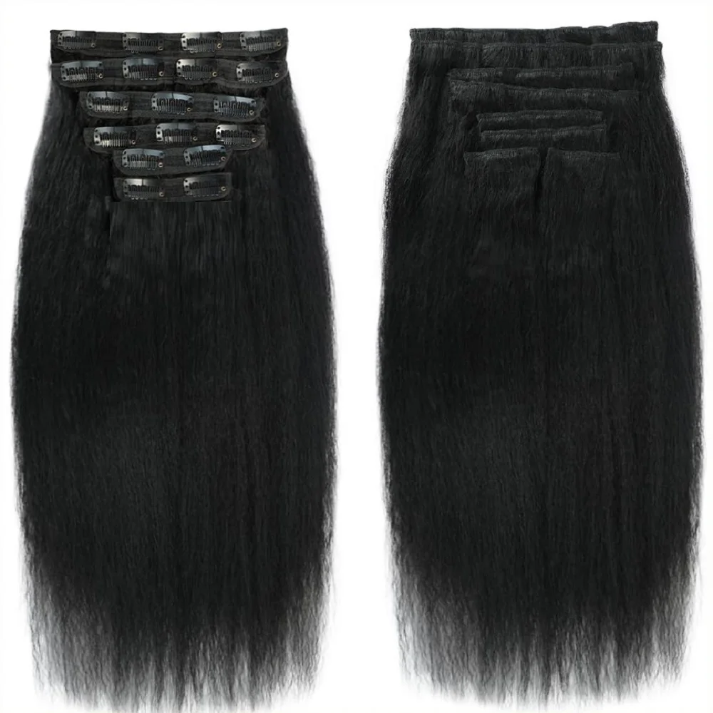 

Kinky Straight Natural Black Clip in Hair Extensions 100% человеческие волосы 1B Полная голова Yaki Remy Clip In Наращивание волос для женщин