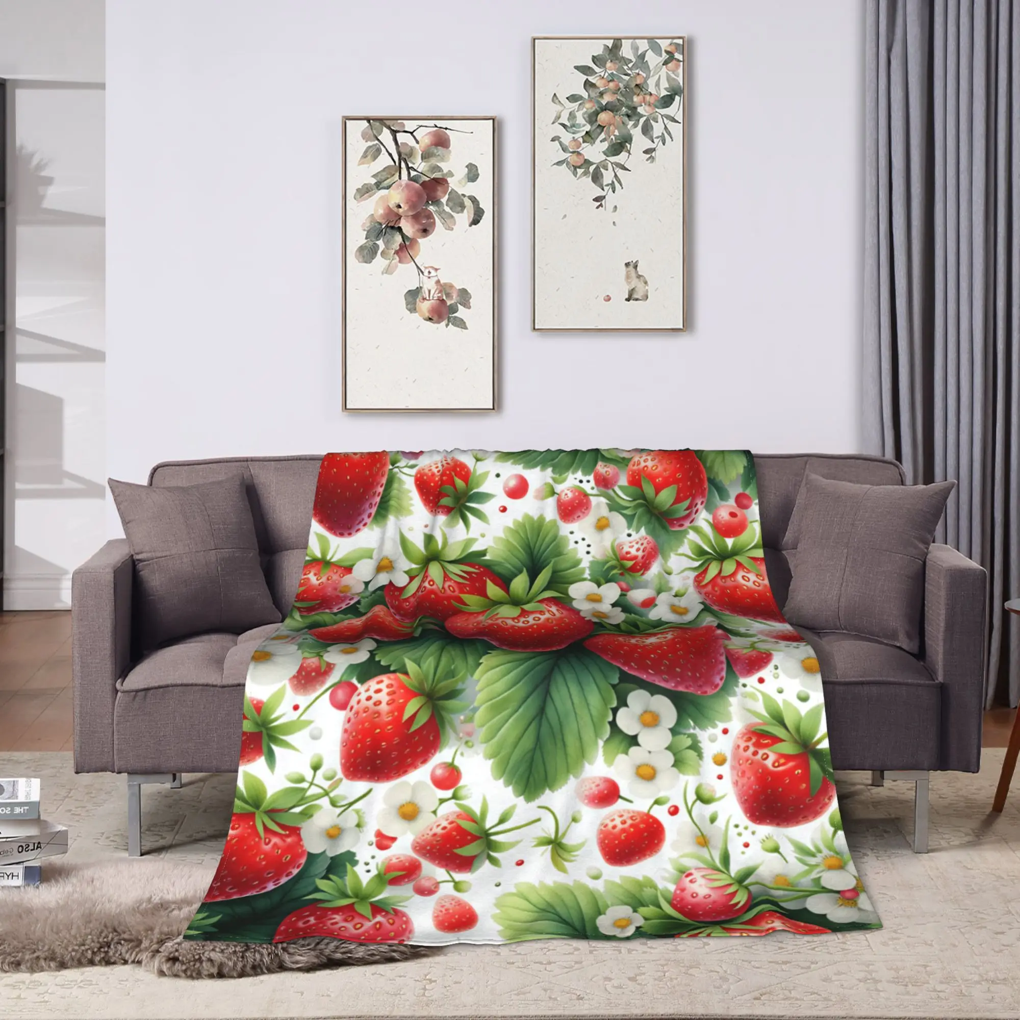 Strawberry Seamless Pattern White Flower Green Leaf Flannel Blankets Adults  Super Soft Throw Blanket Winter Bedspread Bed Cover