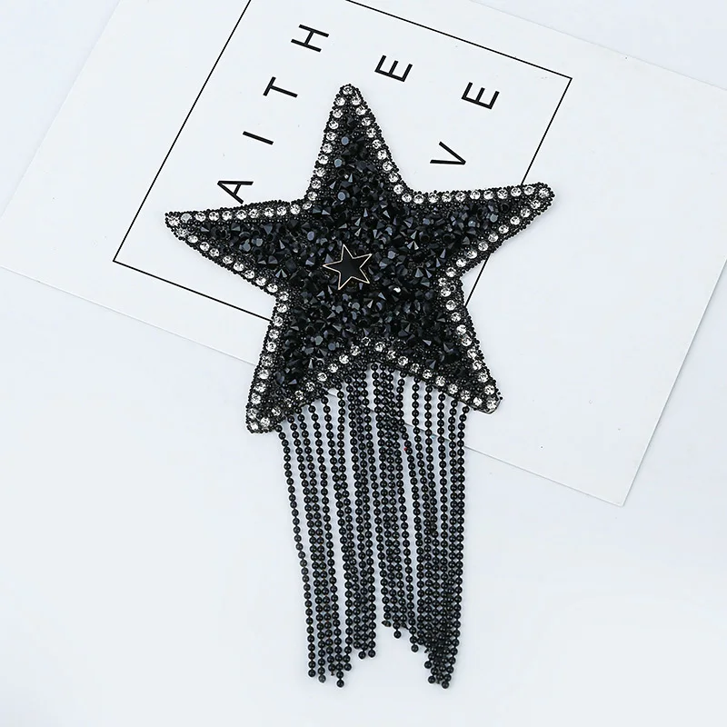 Iron on Patches Rhinestone Applique Tassels DIY For Clothing Jacket Backpack Punk Five-pointed Star Thermal Badges BX068