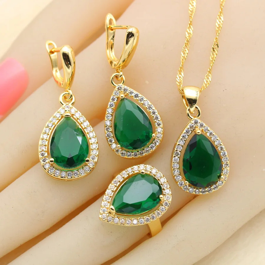 WPAITKYS Green Created Emerald White CZ Gold Color Jewelry Sets For Women Drop Earrings Necklace Pendant Rings Free Gift Box