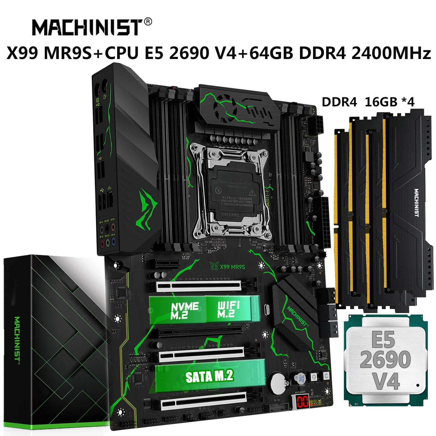 

MACHINIST MR9S X99 материнская плата Combo LGA 2011-3 комплект Xeon E5 2690 V4 CPU Set DDR4 RAM 64 Гб 2400 МГц память SATA NVME M.2 USB 3,0