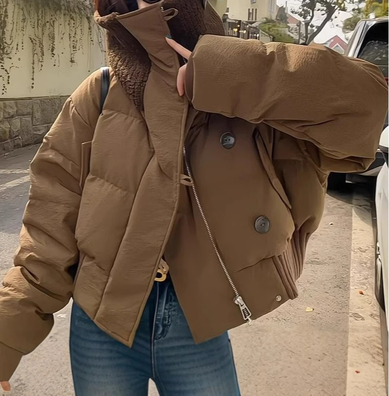 Flip Collar Short Down Cotton Jacket for Women Winter Thick Casual Retro Bread Jacket
