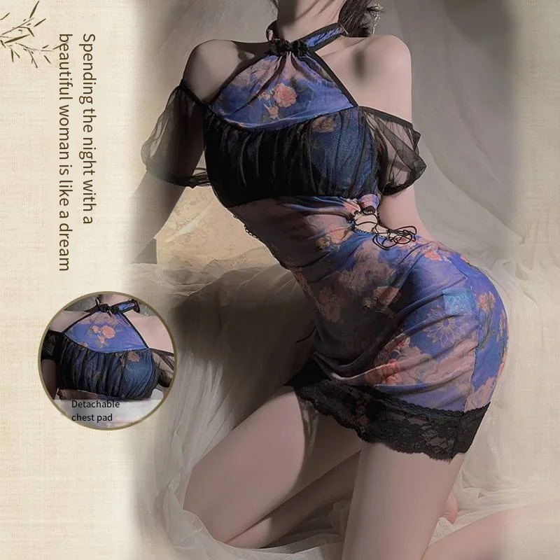 

Adult sexy spring, summer and autumn halterneck retro mesh hollow temptation cheongsam uniform role-playing suit