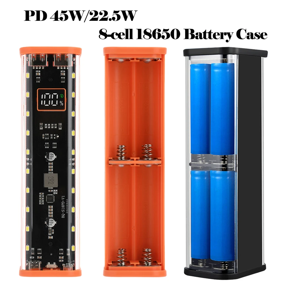 22.5W/45W DIY Battery Charger Case Transparent Fast Charging Case For 8PCS 18650 Battery Charging Box For Smart Phone USB+Type-C