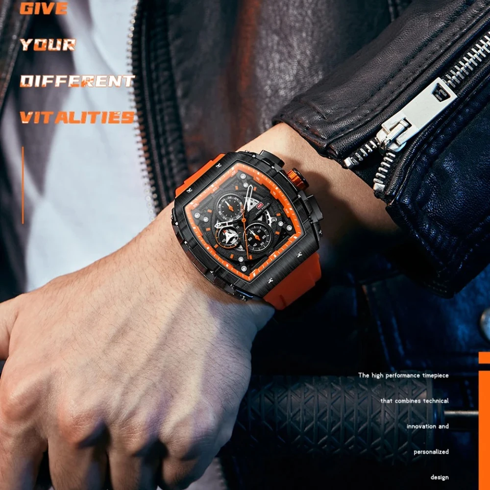 MINI FOCUS 0399 Top Brand Men's Wine Barrel Quartz Watch Calendar Chronograph Sports Silicone Strap Luxury Watches for Man