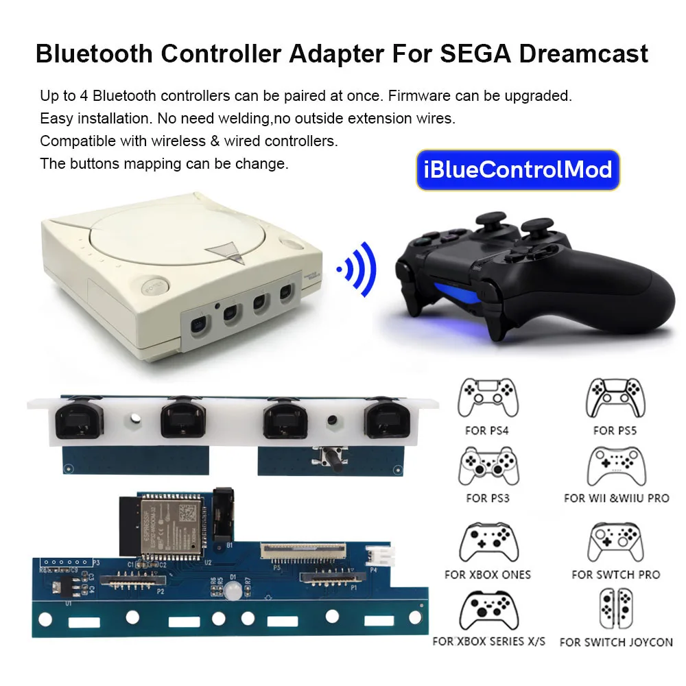 iBlueControlMod Wireless Controller Internal Adapter Bluetooth Wireless Controller Adapter For SEGA DC PS3 PS4 PS5 Switch wii