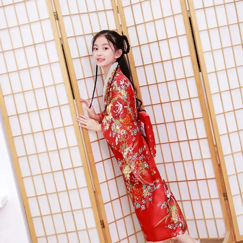 

Novelty Floral Print Children Party Dress Japanese Style Baby Girl Kimono Obi Children Vintage Yukata Kid Girl Cospaly Costu gdk