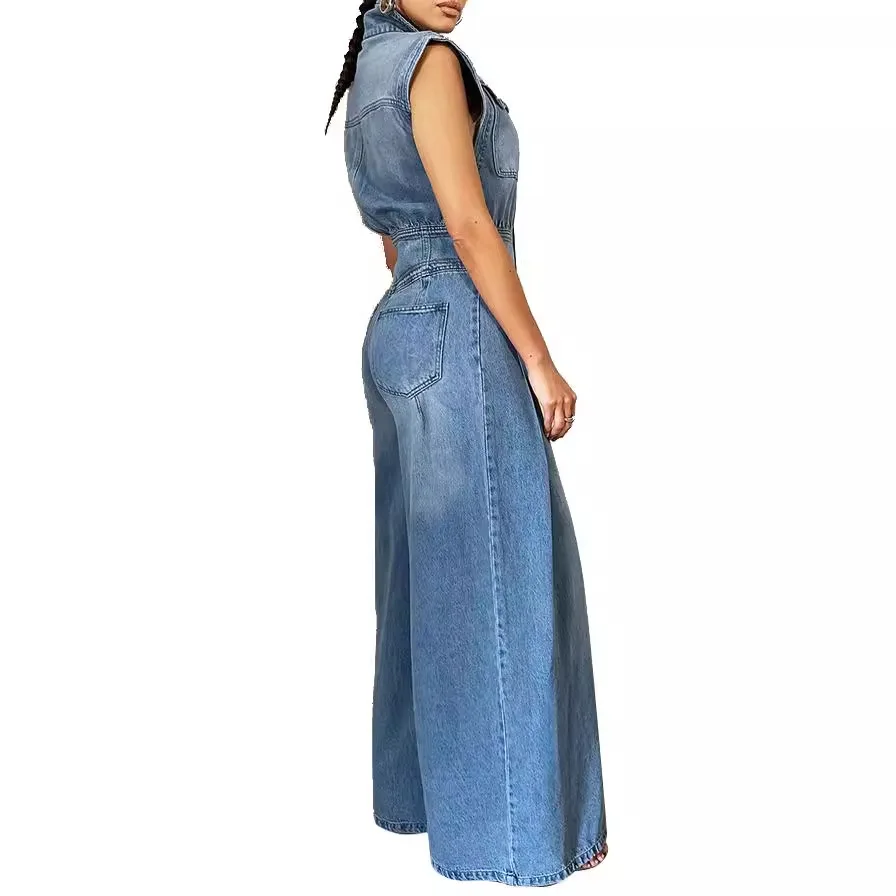 Jeans Denim One Piece Wanita Overall Tanpa Lengan Pinggang Tinggi Kerah Lipat Kaki Lebar Celana Panjang Romper Musim Panas 2025