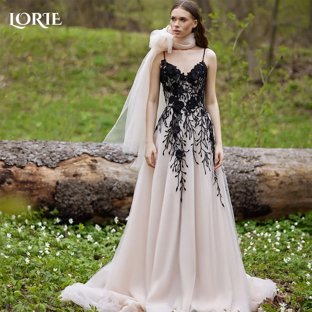 

LORIE Ball Gown Black Wedding Dresses A-Line Lace Applique Champagne Bridal Gown Spaghetti Strap Princess Party Dress Customized