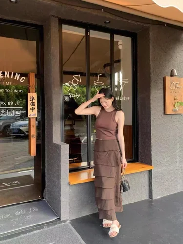 Imagen 2 del producto ETJ 2025 novedad de verano onda hippie romántico retro marrón elegante decoración en cascada pastel falda larga