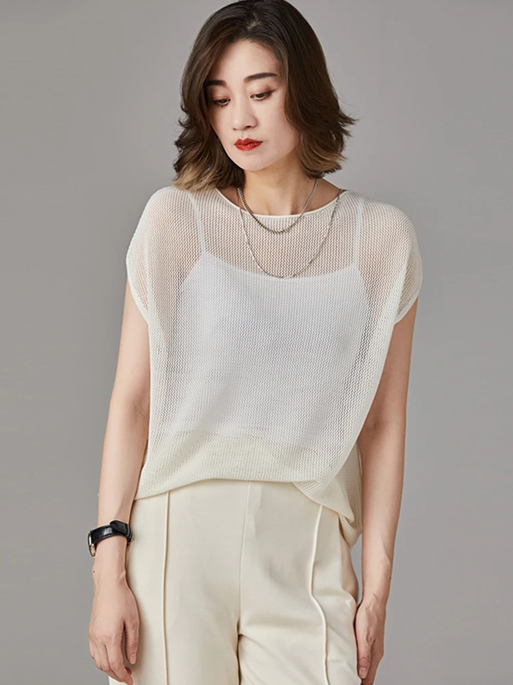 เสื้อยืดถักสีพื้นแบบโปร่ง ใส่สบาย สไตล์ลำลอง เหมาะกับฤดูร้อน ช่วยให้ดูผอมเพรียว เรียบง่าย ใส่ได้หลายโอกาส