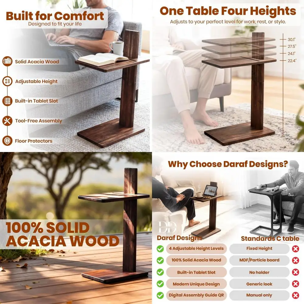 

Acacia Wood Adjustable Height Side Table with Tablet Holder for Sofa and Bed