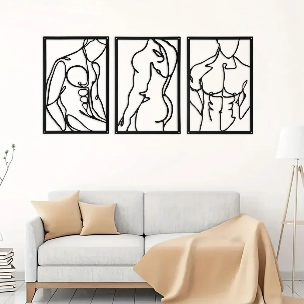 1set Men Black Line Wall Hanging Sculptures, Minimalist Abstract Metal Artwork Home Wall Decor Shape Metal Wall Art Decor Set,