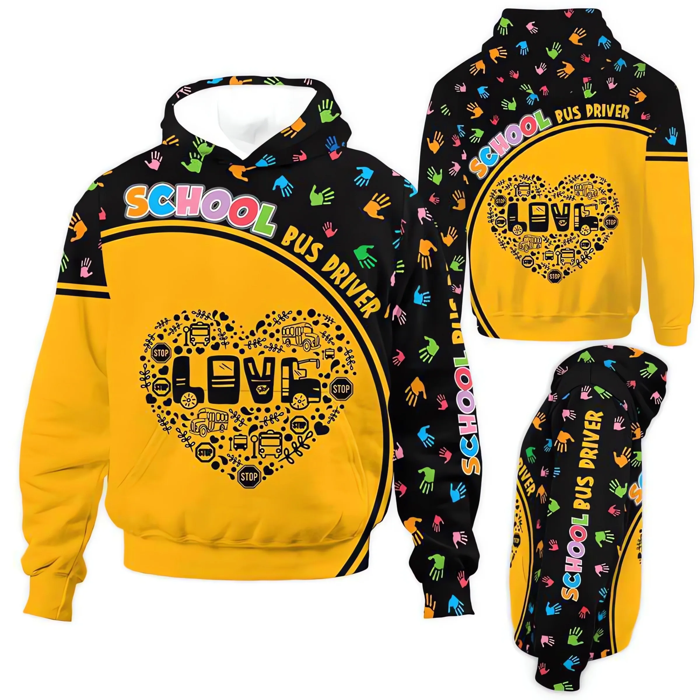 

MSIEESO School Bus Driver Hoodies Heart Love Colorful Hands 3D Printed Hoodie Coats Casual Sportwear Men Clothing Dropshipping