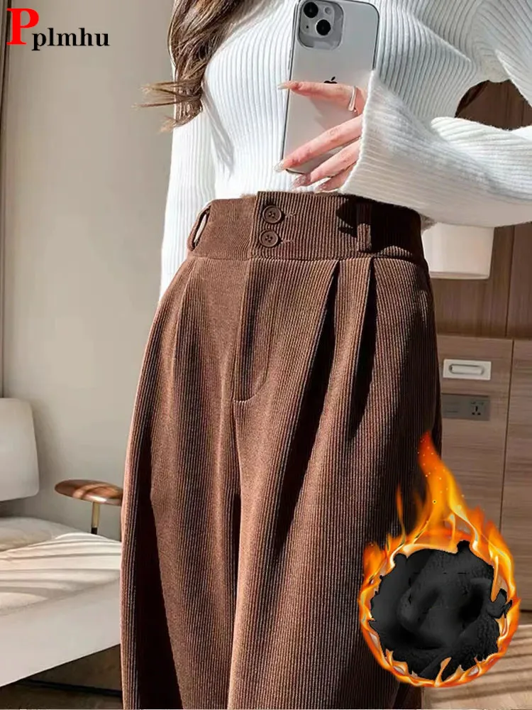 Celana kaki lebar beludru Plus pinggang tinggi, celana pantalon lurus hangat kasual Mode Korea tebal ukuran besar 4xl untuk musim dingin