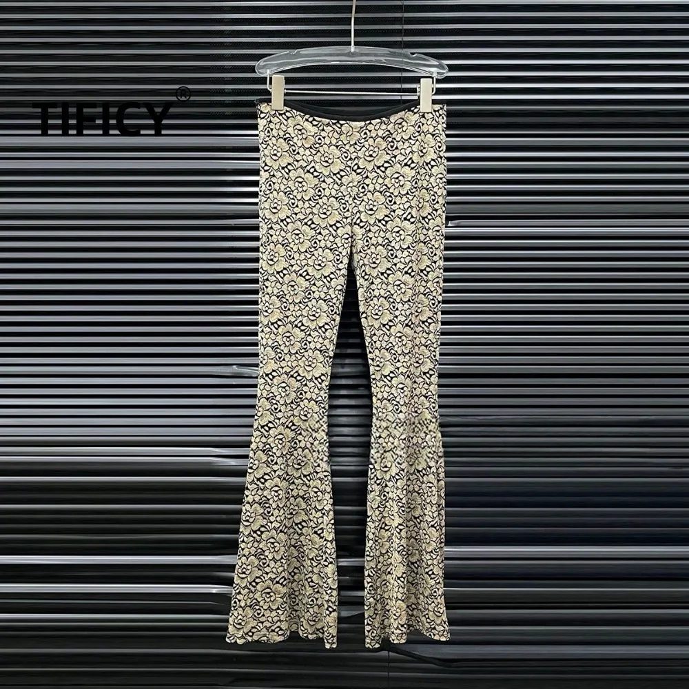 High Street Summer New Lace Floral Pants Women's Retro Texture and Floral Floral Patterns Slim Fit and Slightly Flared Pants