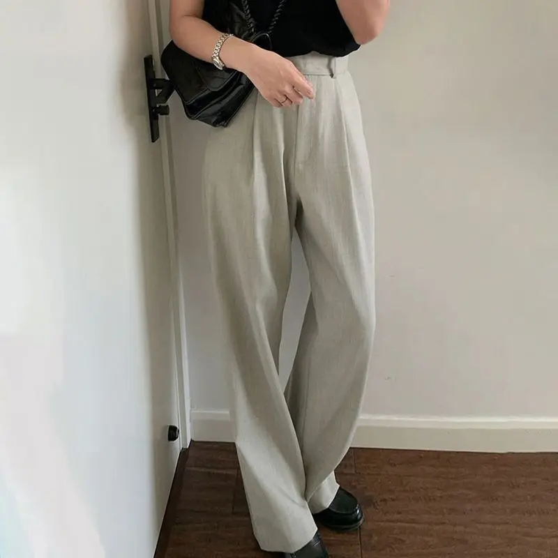 High Waist Narrow Wide-Leg Pants Draping Effect Tight Waist Straight-Leg Pants Classic Women\'s Trousers Commuter Gray Suit Pants