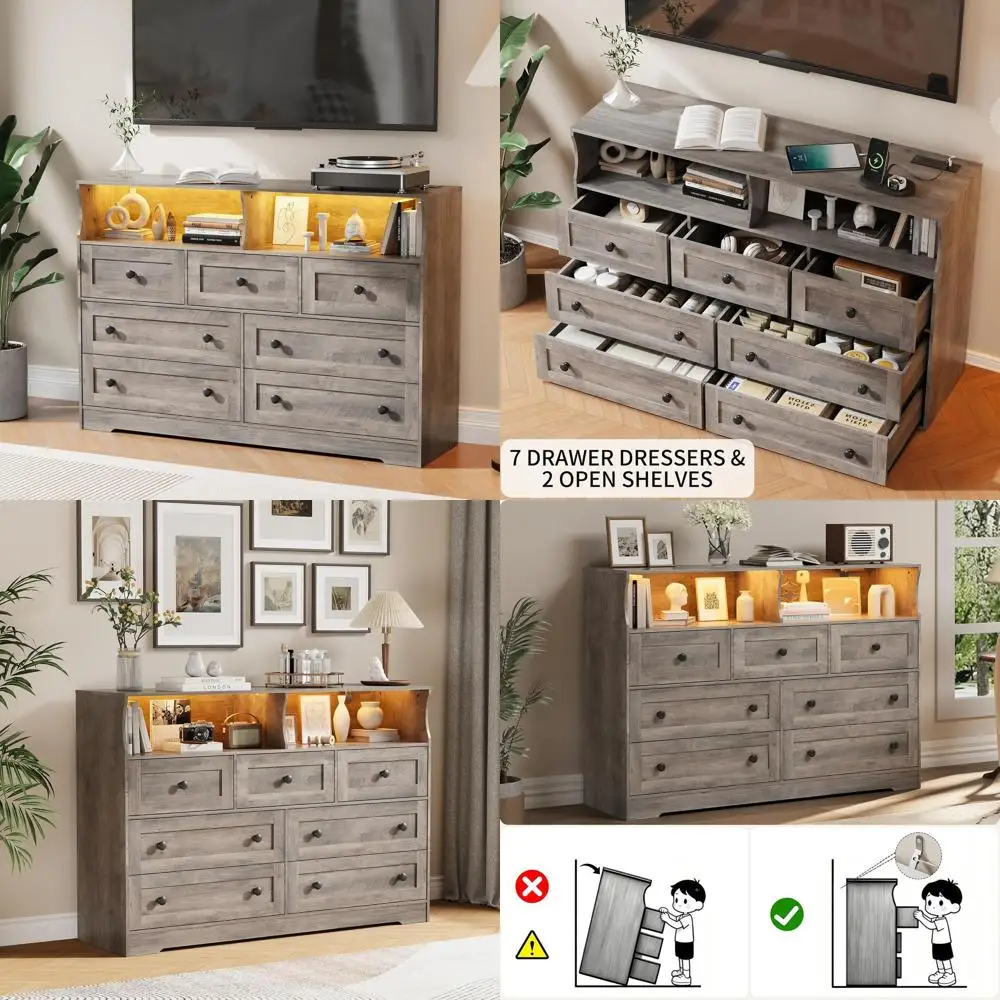 

Modern 7-Drawer Wood Dresser with LED Lighting and Storage, Ideal for Bedroom, Living Room, or Kids' Space in Sleek Grey