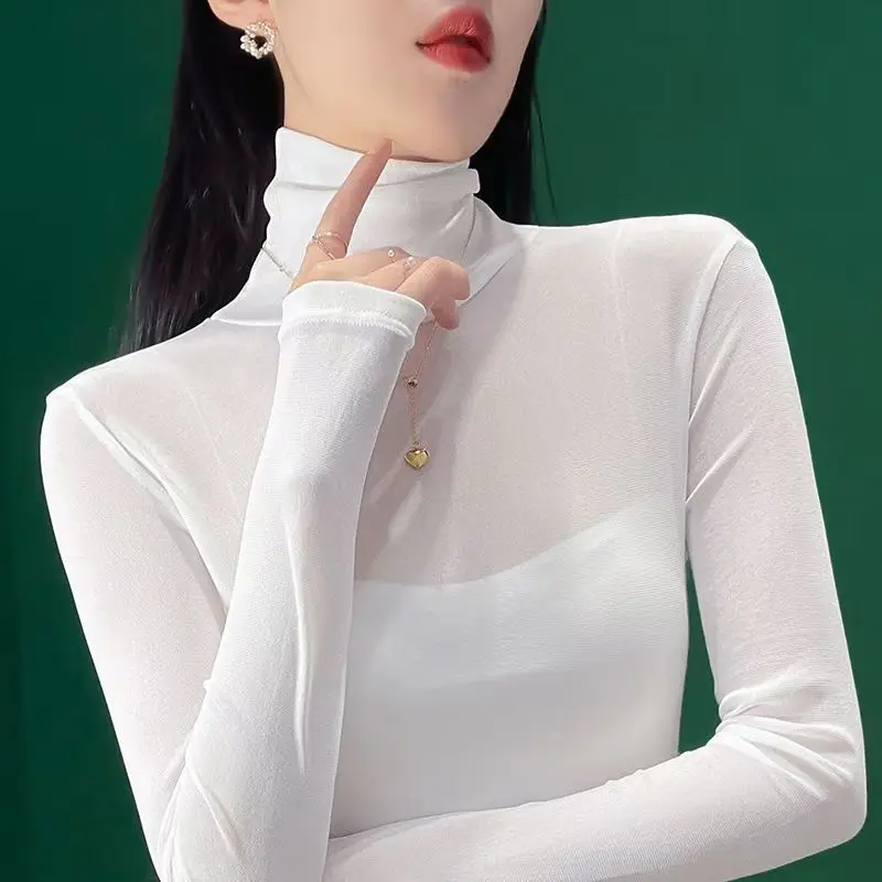 

See-Through High Collar Mesh Lace Shirts Women Blouses Ladies Slim Long Sleeve Top Spring Autumn Blouses Transparent Clothes