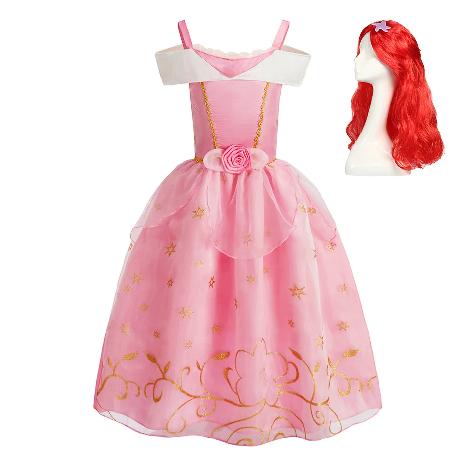 

Kids Sleeping Beauty Cosplay Dress Halloween Costume Baby Girl Clothes Pink Mesh Princess Dresses Child Party Queen Ball Gown