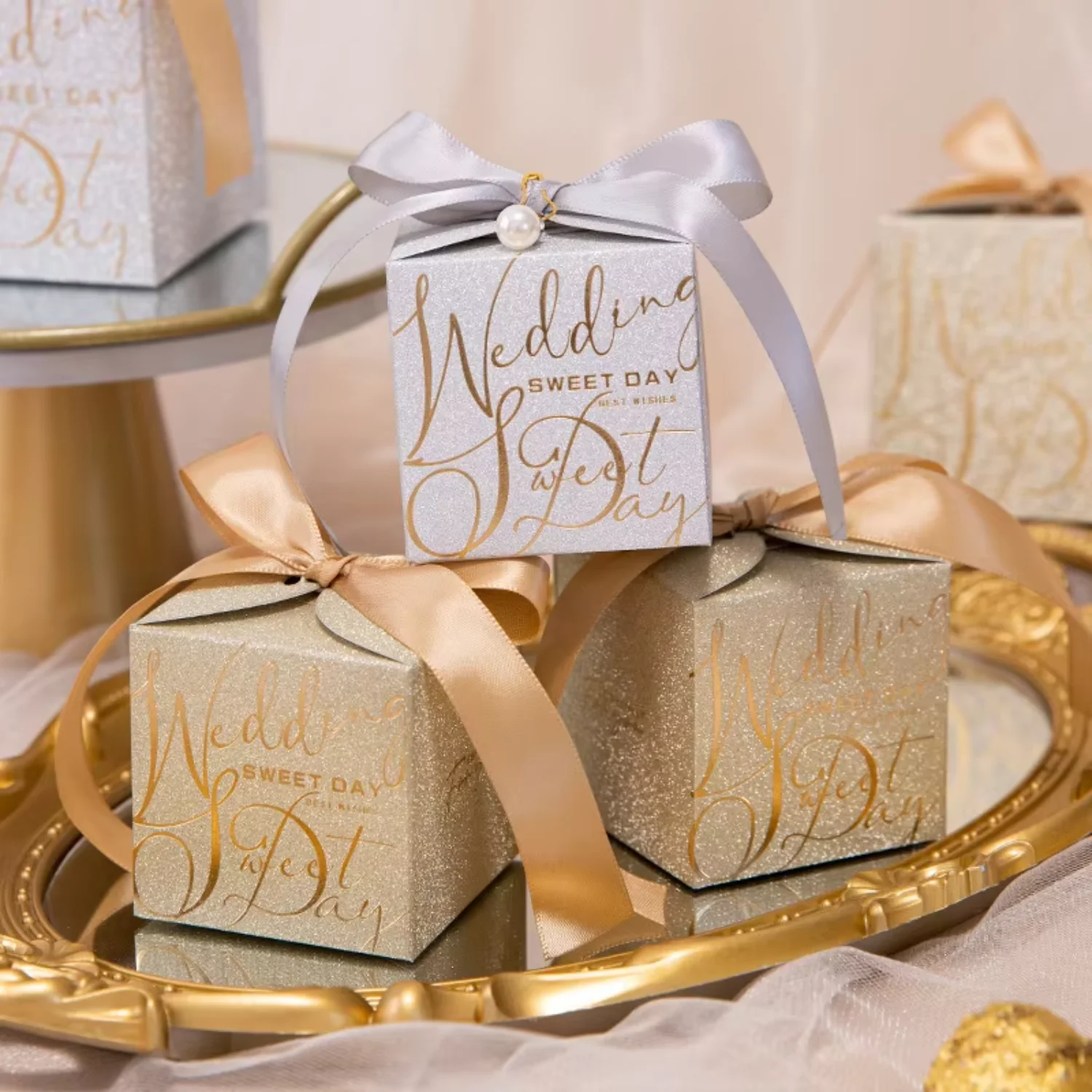 European Glitter Paper  Silver Candy  Wedding  Favors Chocolate Paper  with Ribbon