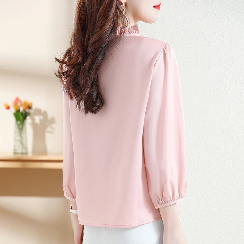 2025 Spring Summer New Women Shirt 3/4 Sleeve Elegant Ruffled Collar Slim Female Clothing Spliced Fashion Solid Lace Womens Tops