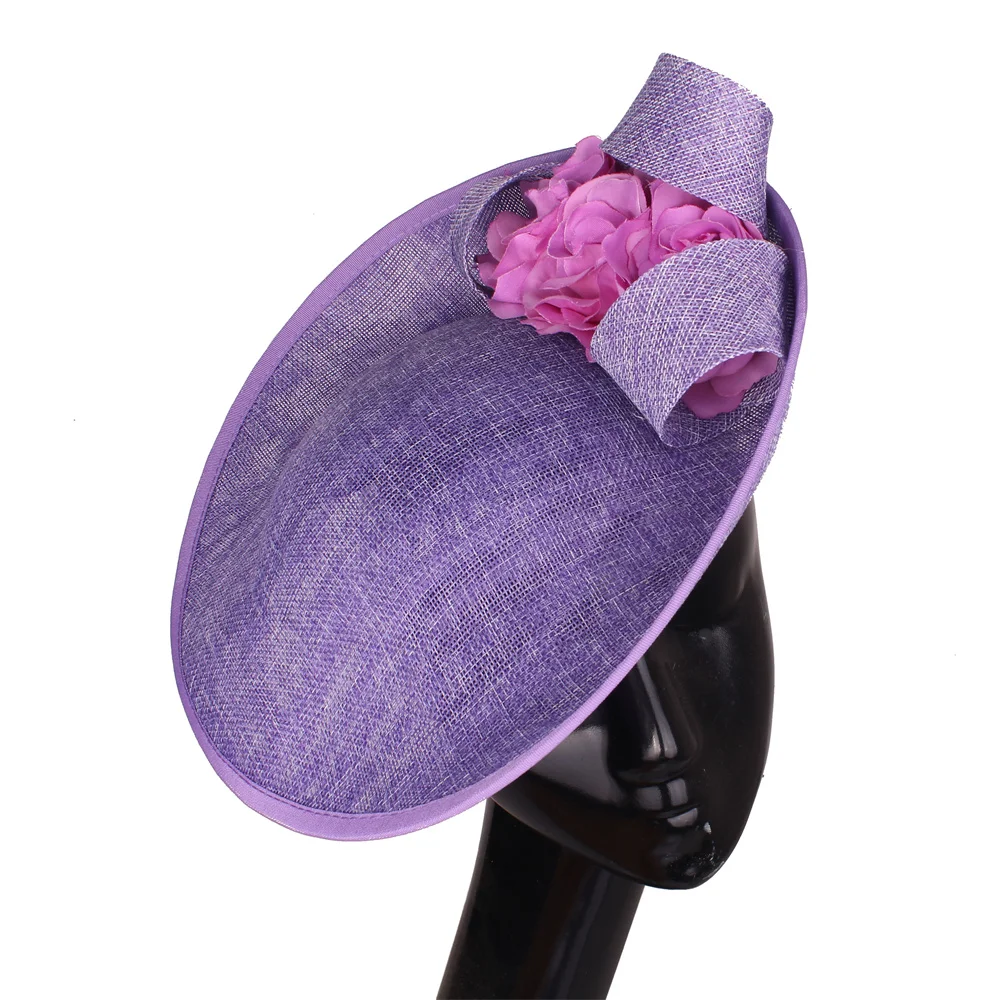 Lavender Elegant Flowers Exaggerated Tea Party Kentucky Derby Hat With Feather Fascinator Big Pillbox Hat Headband for Cocktail