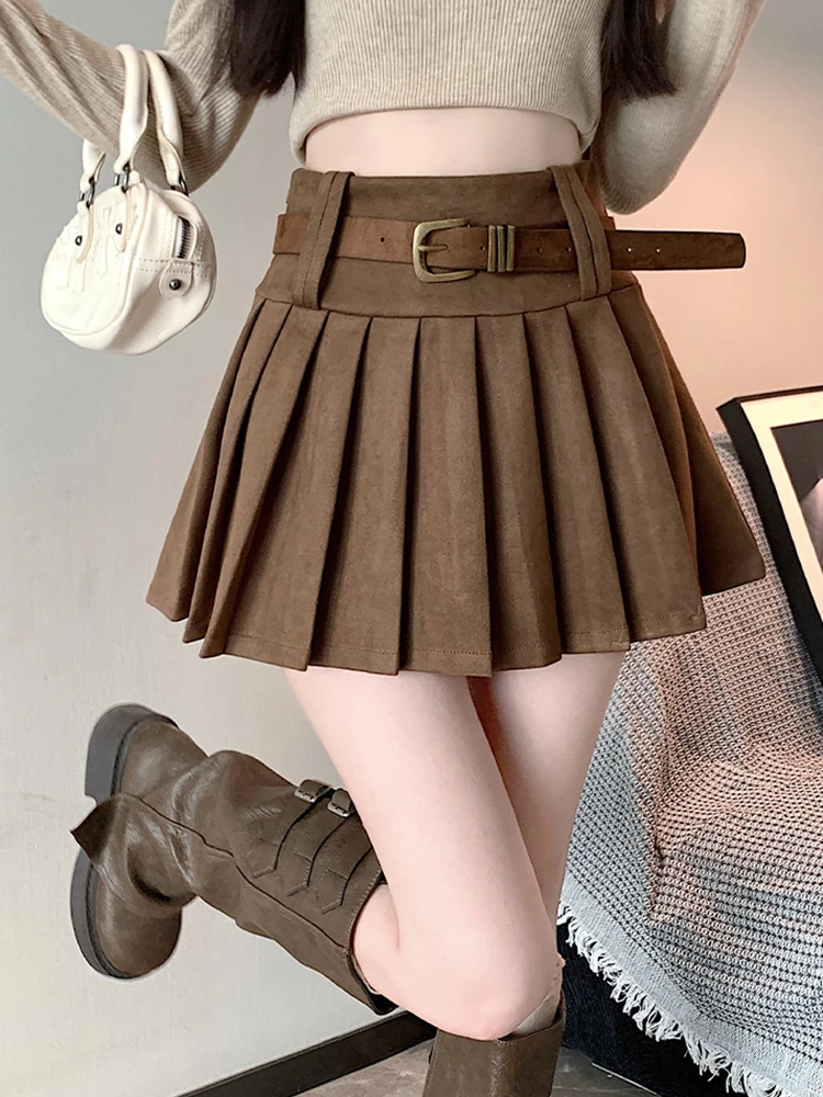 Spódnica mini z imitacji zamszu, z paskiem, plisowana, damska, z wysokim stanem, w stylu vintage, seksowna, jesienno-zimowa, w stylu preppy, koreańska spódnica w kształcie litery A.